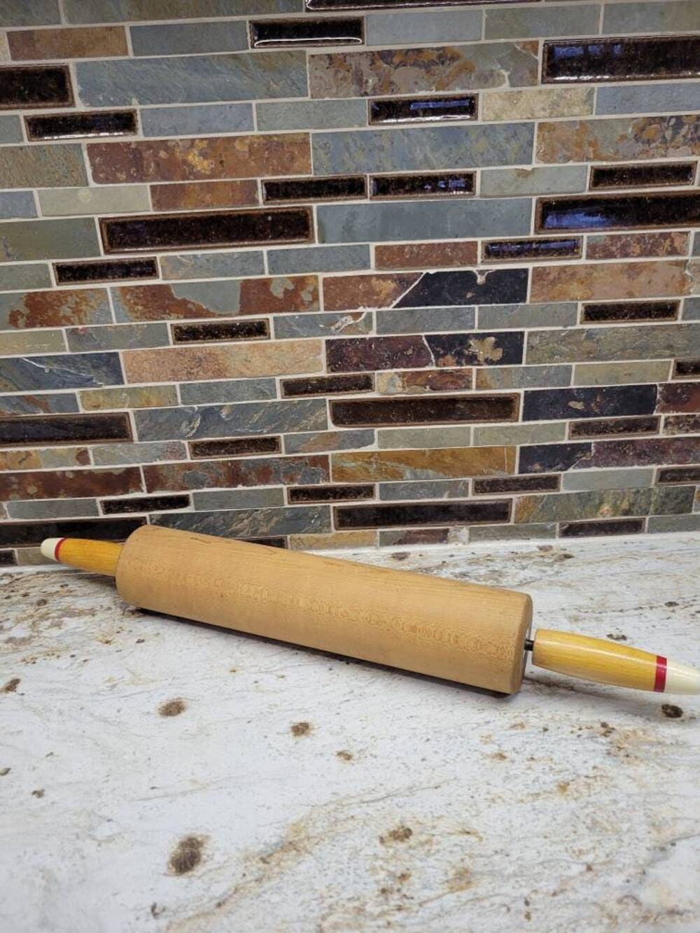 Vintage Wood Rolling Pin, Red Stripe White Handle Ends